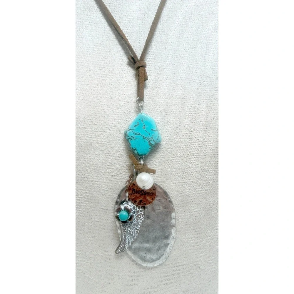 Long Boho Natural Stone Wing Blessed Charm Suede Cord Necklace